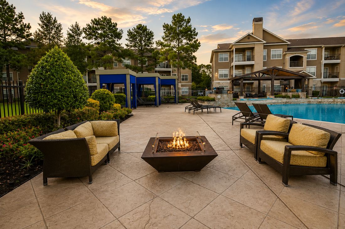 Fire pit patio beside the pool at dusk